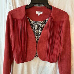 Faux Suede Burnt Orange/Red Cropped Jacket with Fringe By Fate